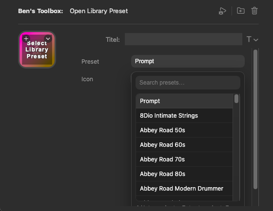 Stream Deck Property Inspector Open Library Preset mit Prompt und Preset-Liste