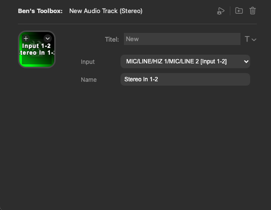 Stream Deck Property Inspector New Audio Track Stereo mit festem Stereo-Input und Track-Name