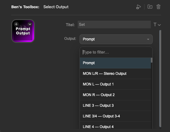 Stream Deck Property Inspector Select Output mit Prompt und Output-Liste