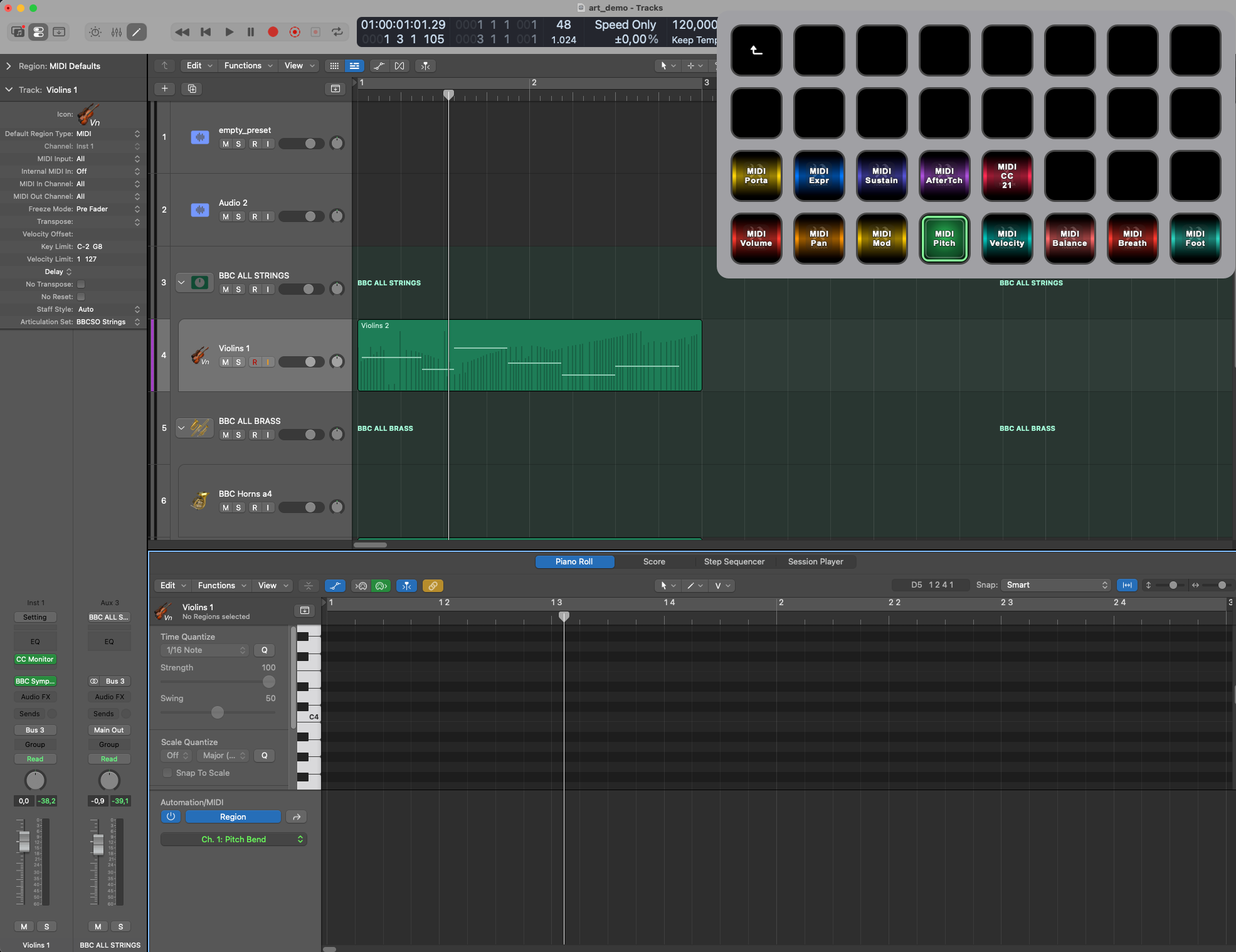 Stream Deck MIDI CC Buttons mit aktivem MIDI Pitch Highlight und Logic Automation Lane fuer Pitch Bend