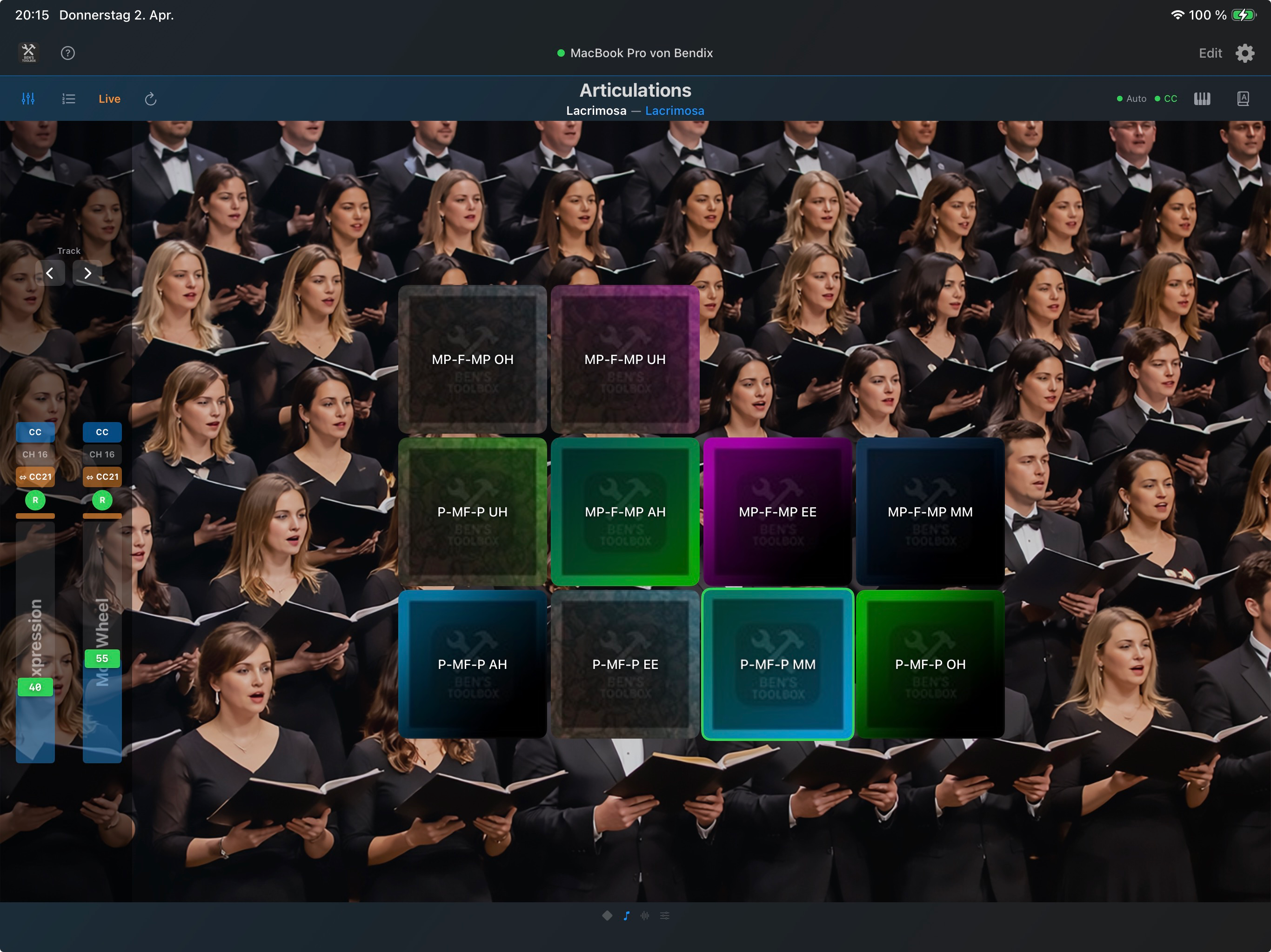 iPad Remote mit Live-Artikulationen und CC-Fadern