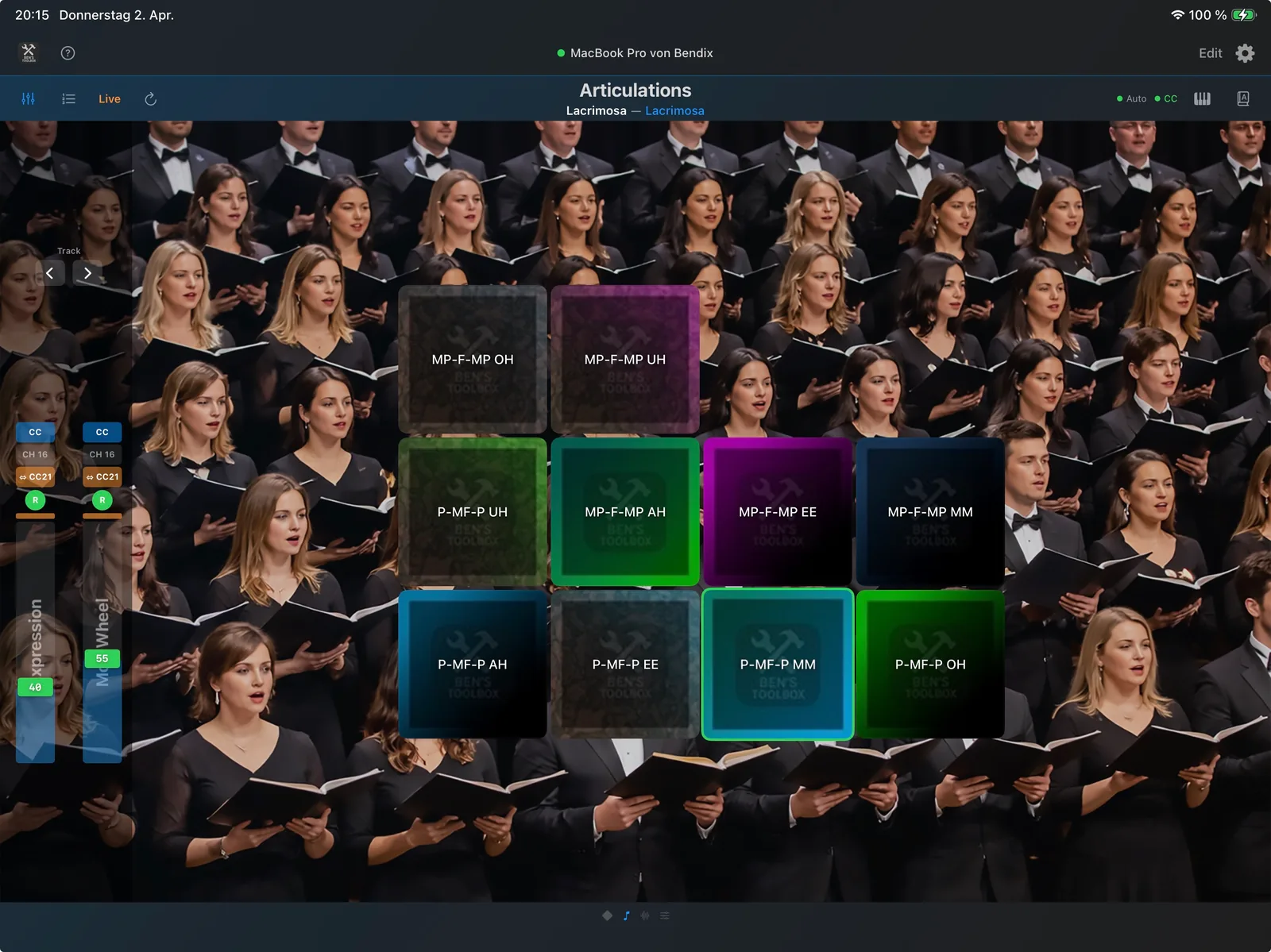 iPad Remote mit Live-Artikulationen und CC-Fadern