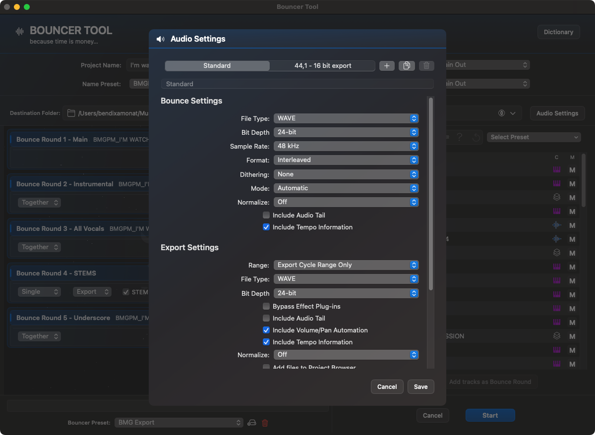 Bouncer Tool Audio Settings