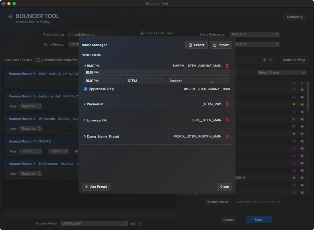 Bouncer Tool Name Preset
